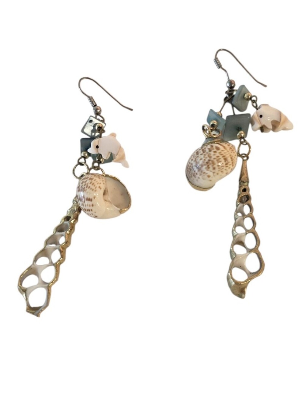 Beach Shell Drop Earrings - Gold Tone with Cream Shells Mermaidcore